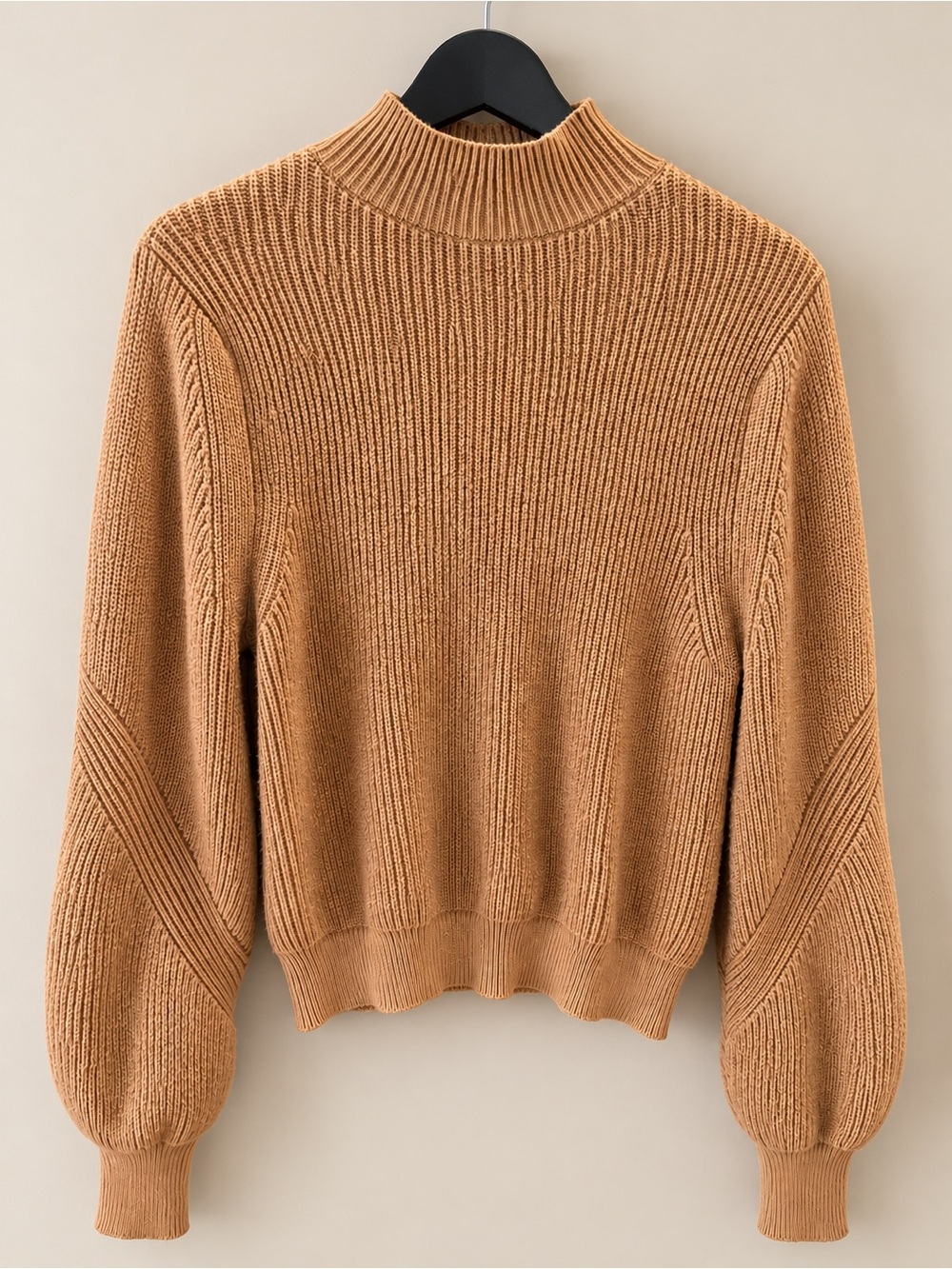 Zara Camel Brown Mock Neck Knit Sweater M Balloon Sleeve Quiet Luxury